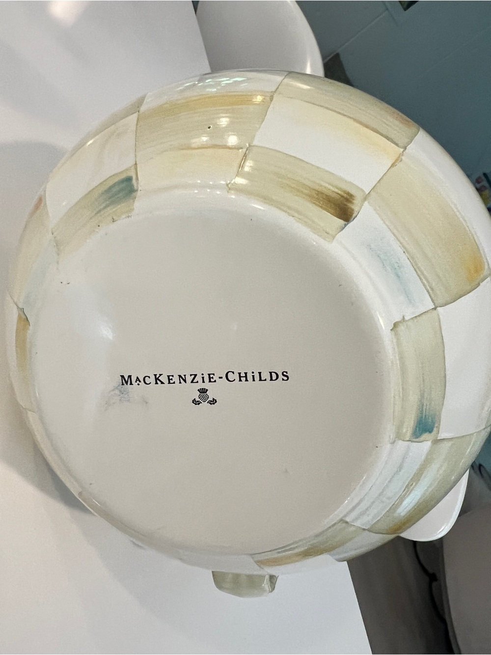 Mackenzie-Childs Checkered Ceramic Pitcher in Cream and Pale Green - Picture 4 of 8